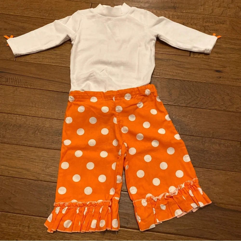 Bonnie Baby 2 Piece Polls Dot Ruffle Pants & Mock Neck Top Girls Orange 12 Month
